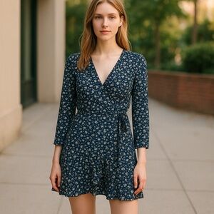 Only Womens Navy Blue White Floral Print Long Sleeves V-Neck Wrap Short Dress 38